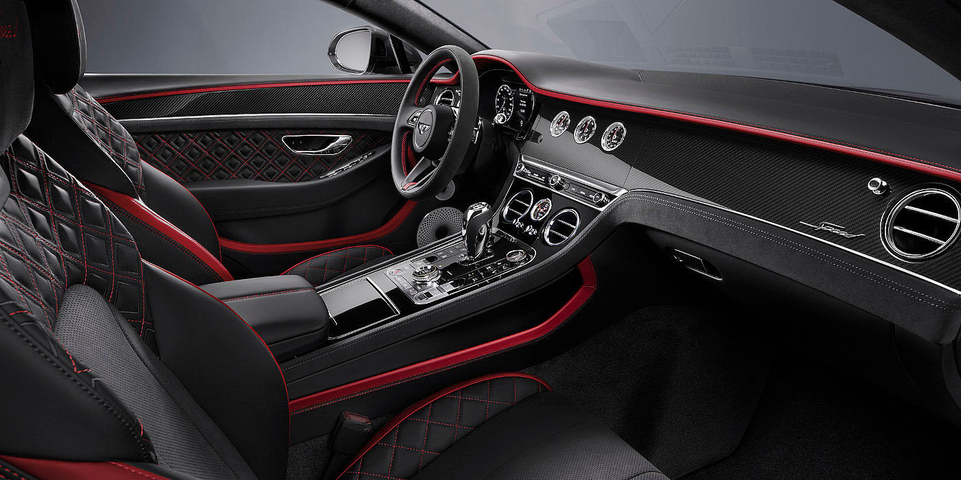 Bentley Knokke Bentley Continental GT Speed coupe front interior in Beluga black and Hotspur red hide