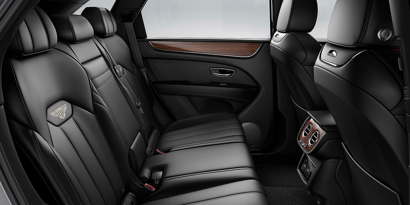 Bentley Knokke Bentey Bentayga interior view for rear passengers with Beluga black hide.