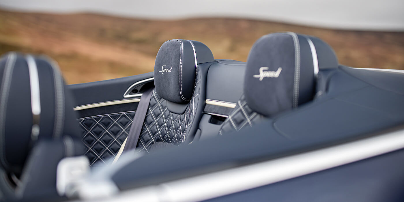 Bentley Knokke Bentley Continental GTC Speed convertible rear interior in Imperial Blue and Linen hide