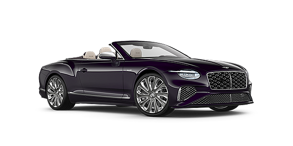 Bentley Knokke Bentley New Continental GTC Mulliner convertible front three quarter view in Damson paint with 22 inch Mulliner painted and polished wheel