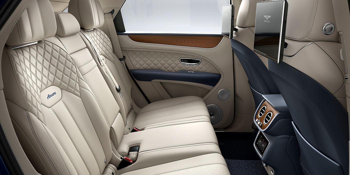 Bentley Knokke Bentley Bentayga Azure SUV rear interior in Imperial Blue and Linen hide