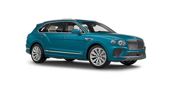 Bentley Knokke Bentley Bentayga EWB Azure front side angled view in Topaz blue coloured exterior. 