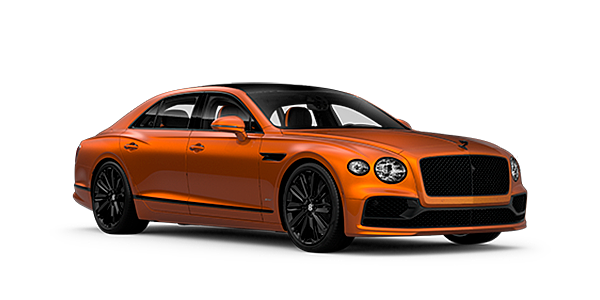 Bentley Knokke Bentley Flying Spur Speed front side angled view in Orange Flame coloured exterior. 