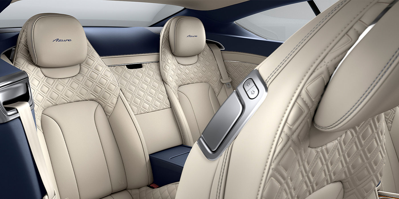 Bentley Knokke Bentley Continental GT Azure coupe rear interior in Imperial Blue and Linen hide