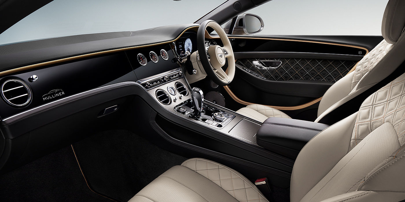 Bentley Knokke Bentley Continental GT Mulliner coupe front interior in Beluga black and Linen hide