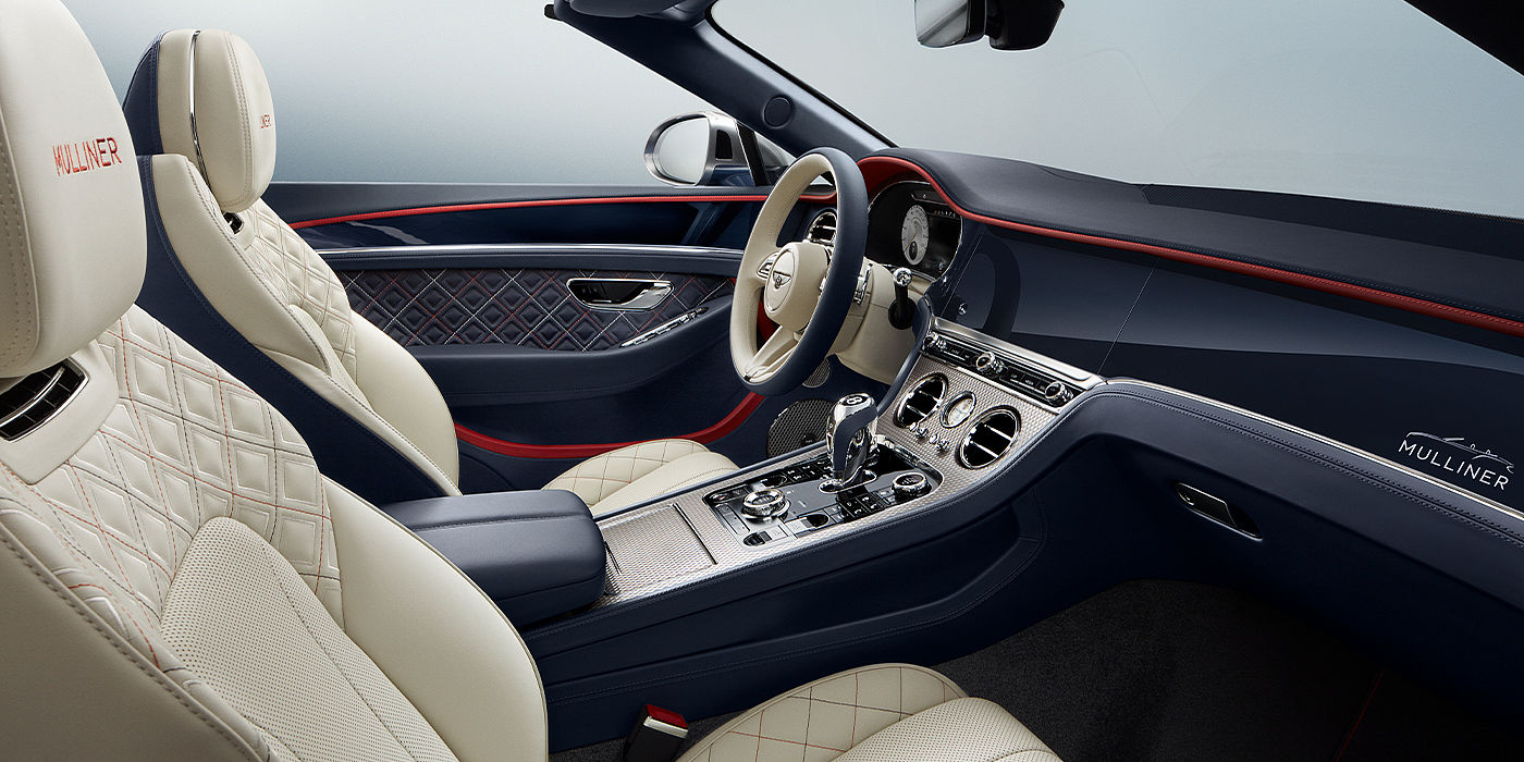 Bentley Knokke Bentley Continental GTC Mulliner convertible front interior in Imperial Blue and Linen hide